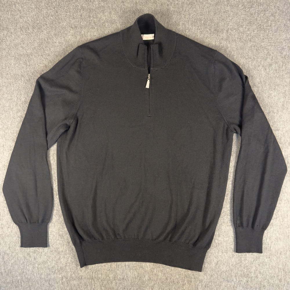 Gran Sasso Sweater Mens Large Black 1/4 Zip Mock Neck Virgin Wool Made Italy